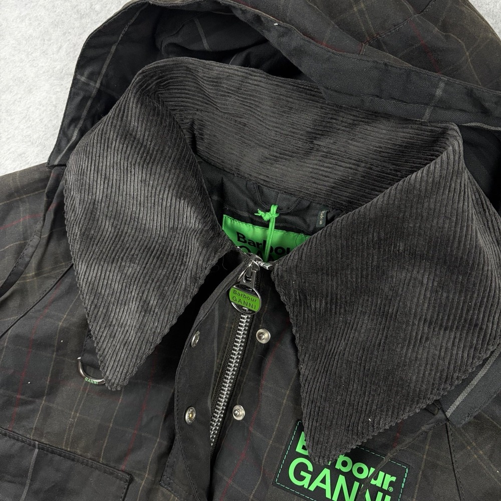 Barbour x Ganni Jacket Womens 8 Black Tartan Waxed Hooded Smock Anorak NWT - Picture 7 of 14